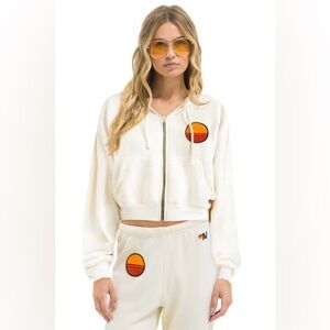 NEW Aviator Nation SUNSET PATCH RELAXED CROPPED ZIP HOODIE - VINTAGE WHITE